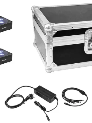 Neu gelistet | EUROLITE Set 4x AKKU Flat Light 3 sw + Ladenetzteil + Case