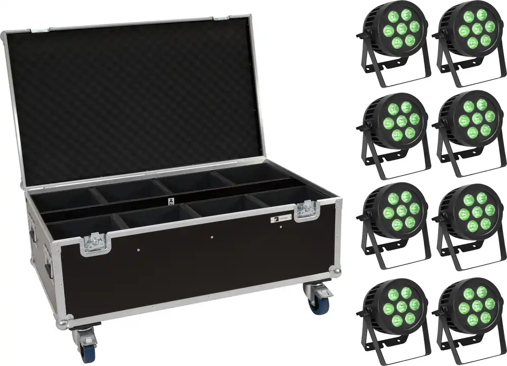 EUROLITE Set 8x LED IP PAR 7x8W QCL Spot + Case mit Rollen | Versandbereit