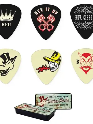Sonderangebot - JIM DUNLOP Rev Willys Mexican Lottery Tin Box Hea. Collector Plektren (6 Stück), heavy - RWT03H