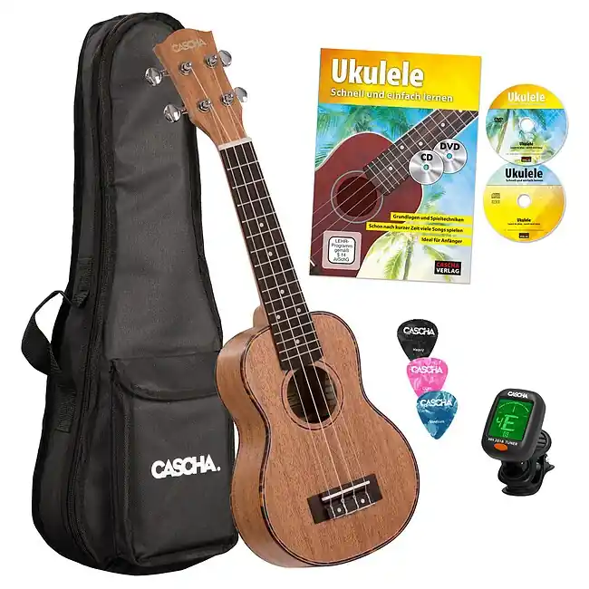 CASCHA HH 2027 Premium Mahogany Soprano Ukulele inkl. Ukulelenschule, Tuner, Bag, 3 Picks | Sale