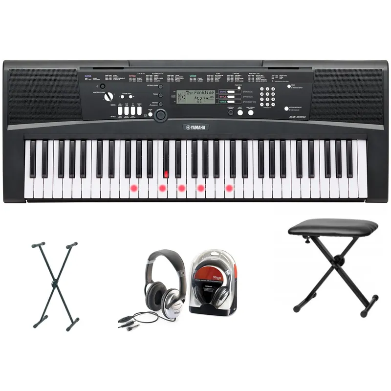 Schnelle Zustellung - Yamaha EZ-220 Keyboard Bundle II mit Ständer, Kopfhörer und Keyboardbank