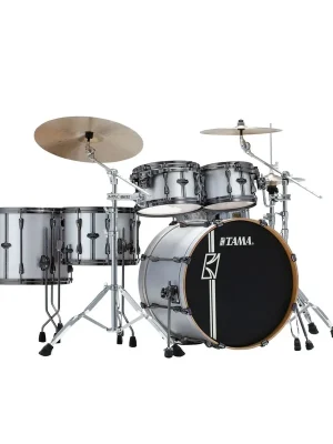 Tama Superstar Hyper-Drive Duo Kit in Satin Silver Vertical Stripes (22/10/12/16/14 Duo Snare) - Top-Qualität