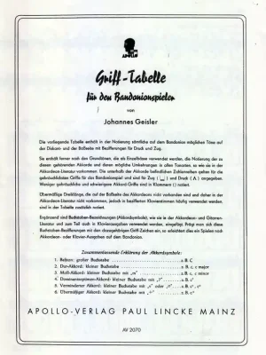 Noten Grifftabelle Bandoneon Johannes Geisler Apollo Verlag AV 2070 - Preisnachlass